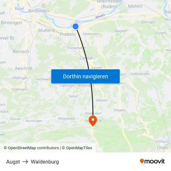 Augst to Waldenburg map
