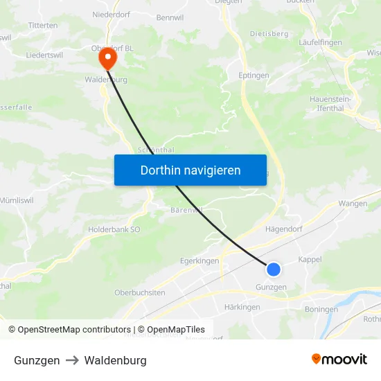 Gunzgen to Waldenburg map