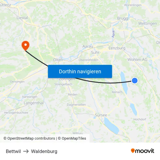 Bettwil to Waldenburg map