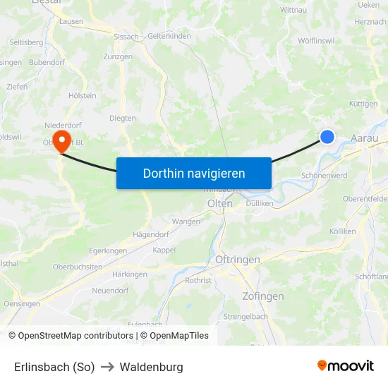 Erlinsbach (So) to Waldenburg map