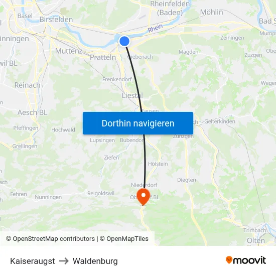 Kaiseraugst to Waldenburg map