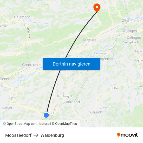 Moosseedorf to Waldenburg map