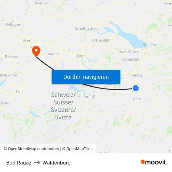 Bad Ragaz to Waldenburg map