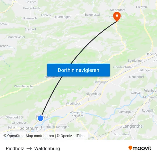 Riedholz to Waldenburg map