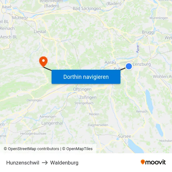 Hunzenschwil to Waldenburg map