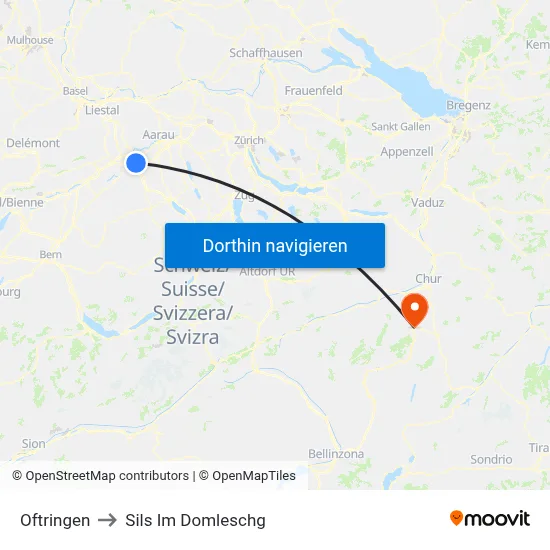 Oftringen to Sils Im Domleschg map