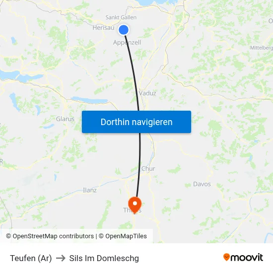 Teufen (Ar) to Sils Im Domleschg map
