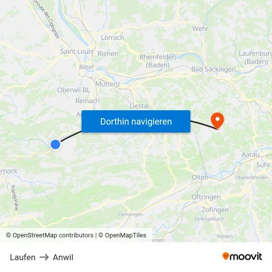 Laufen to Anwil map
