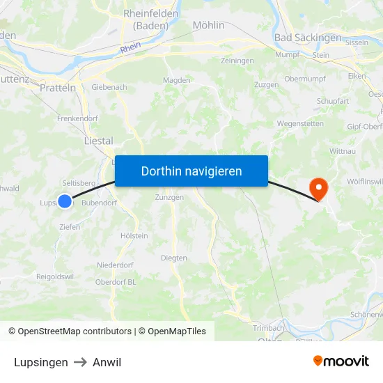 Lupsingen to Anwil map