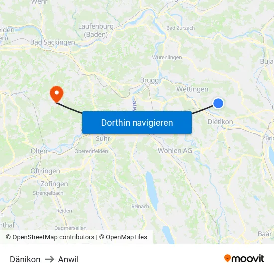 Dänikon to Anwil map