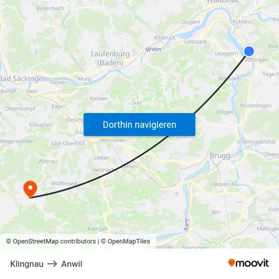 Klingnau to Anwil map