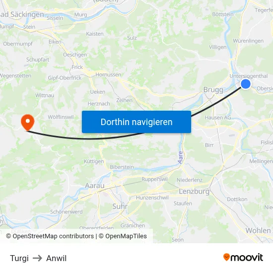 Turgi to Anwil map