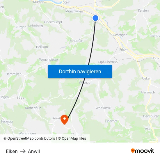 Eiken to Anwil map