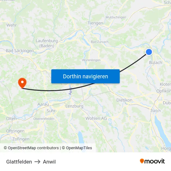 Glattfelden to Anwil map