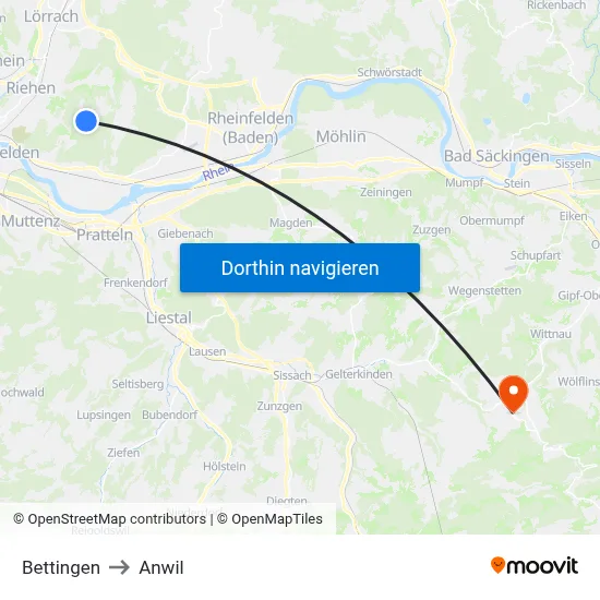 Bettingen to Anwil map