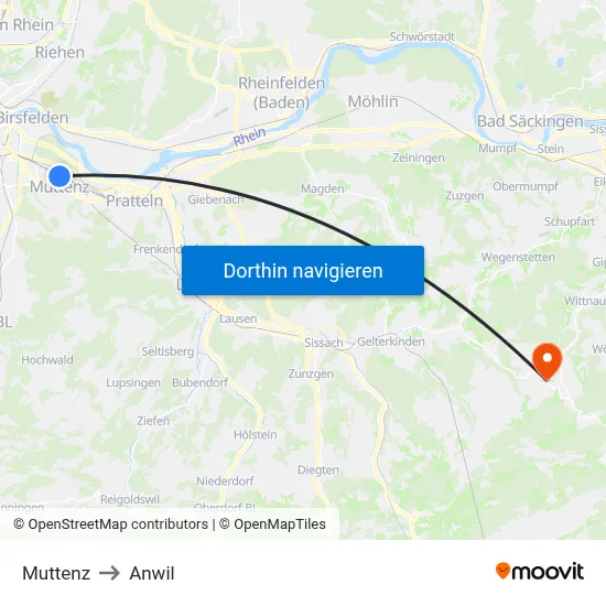 Muttenz to Anwil map