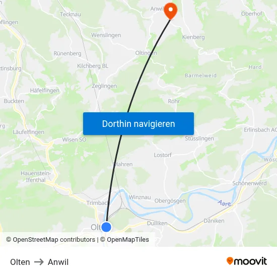 Olten to Anwil map