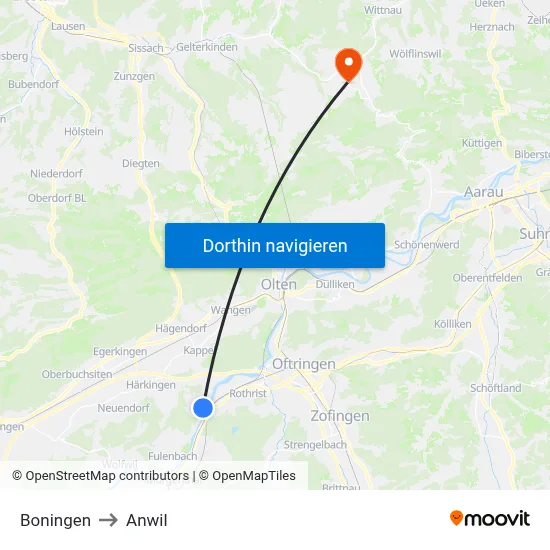 Boningen to Anwil map