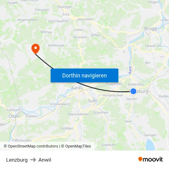 Lenzburg to Anwil map