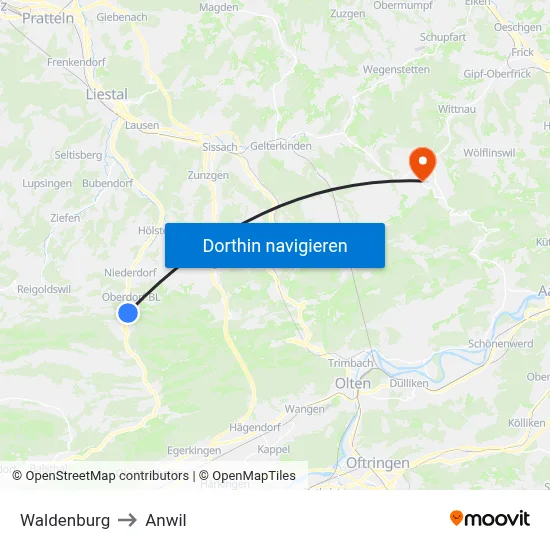 Waldenburg to Anwil map