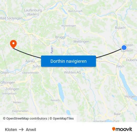 Kloten to Anwil map