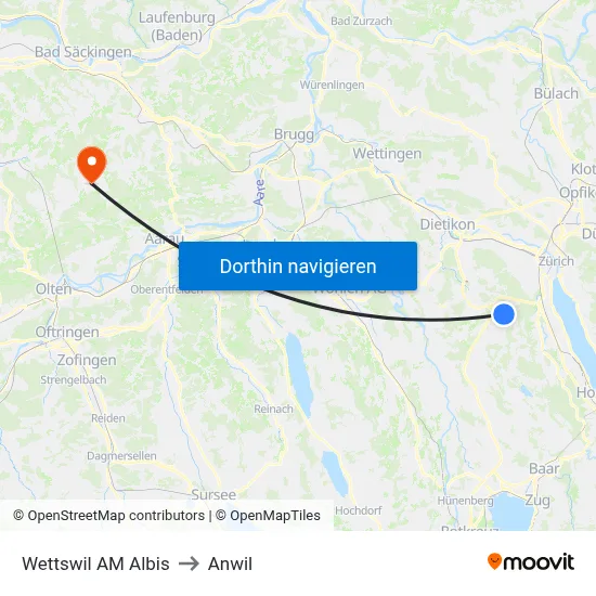 Wettswil AM Albis to Anwil map