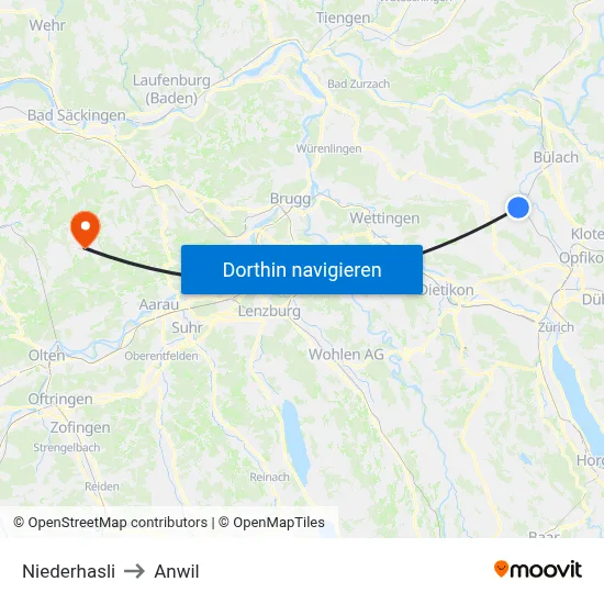 Niederhasli to Anwil map
