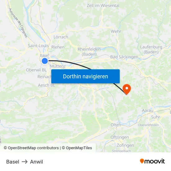 Basel to Anwil map