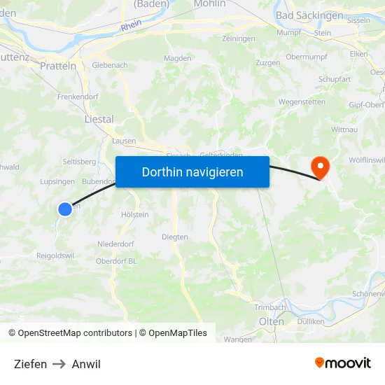 Ziefen to Anwil map