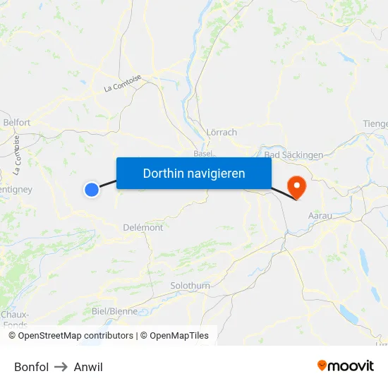 Bonfol to Anwil map