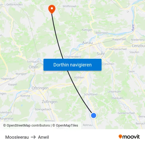 Moosleerau to Anwil map
