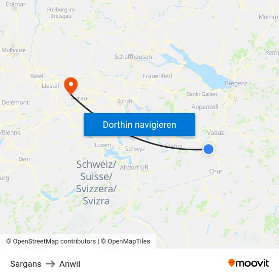 Sargans to Anwil map