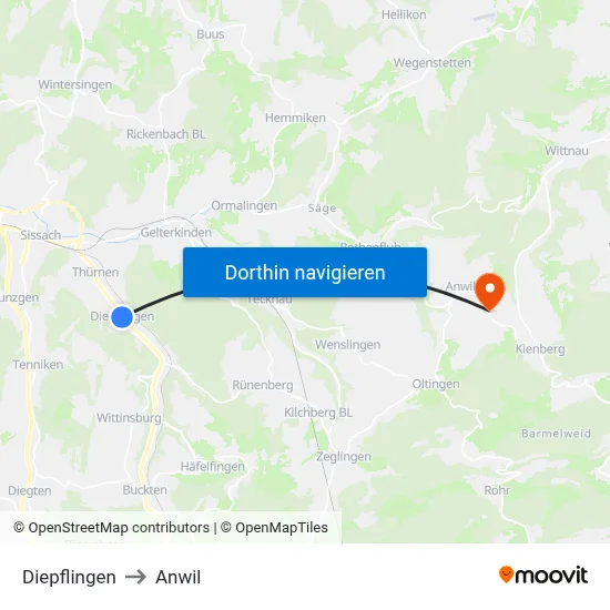Diepflingen to Anwil map