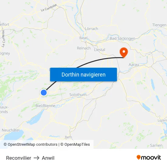 Reconvilier to Anwil map