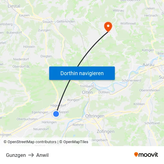 Gunzgen to Anwil map