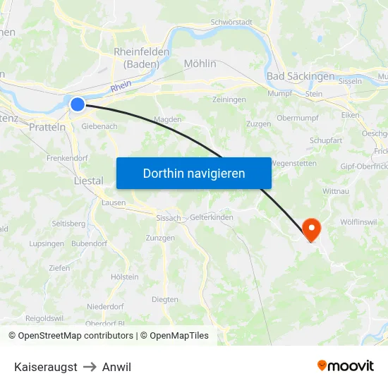 Kaiseraugst to Anwil map