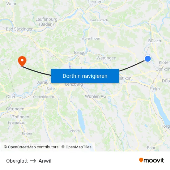 Oberglatt to Anwil map