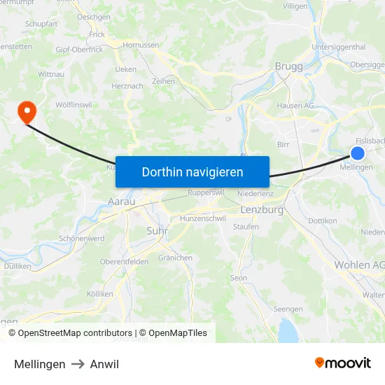 Mellingen to Anwil map