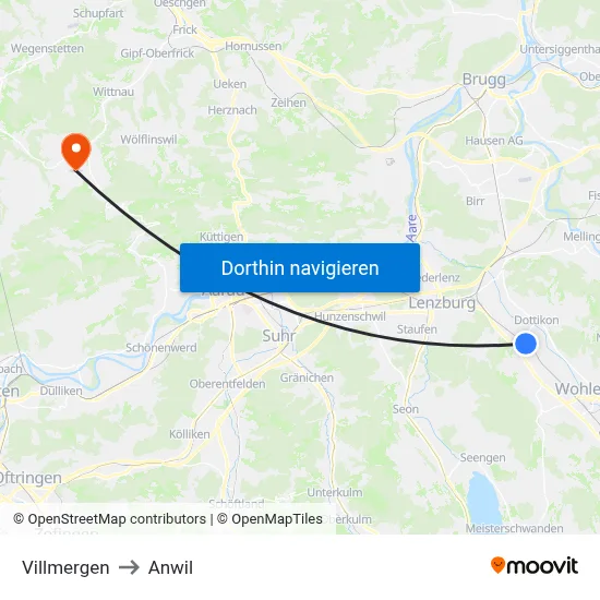 Villmergen to Anwil map