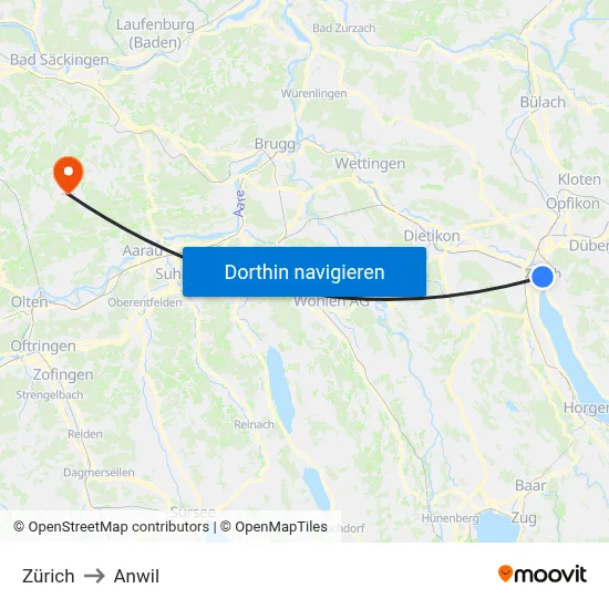 Zürich to Anwil map