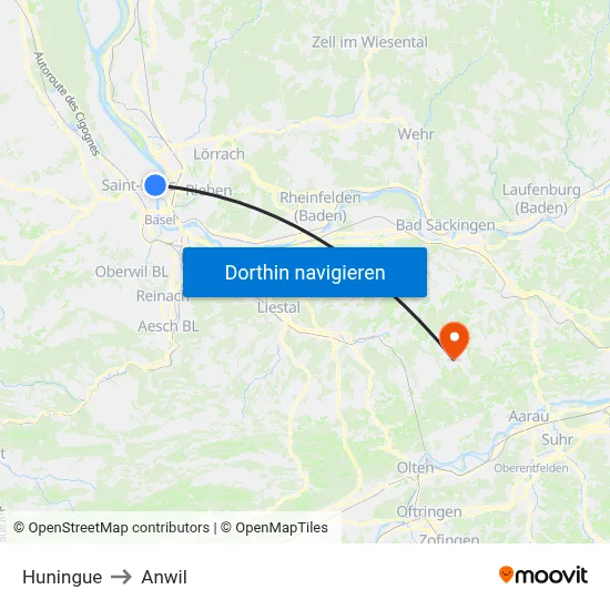 Huningue to Anwil map