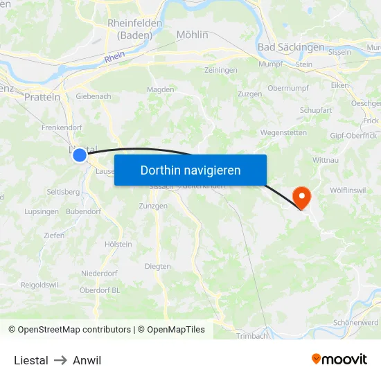 Liestal to Anwil map