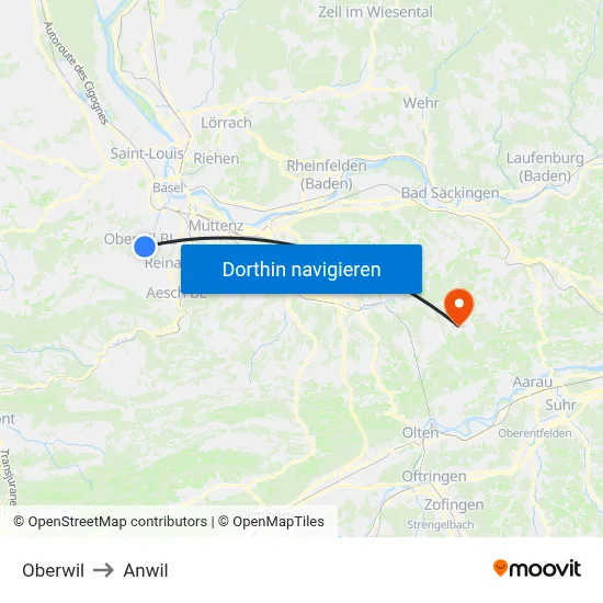Oberwil to Anwil map