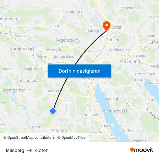 Islisberg to Kloten map