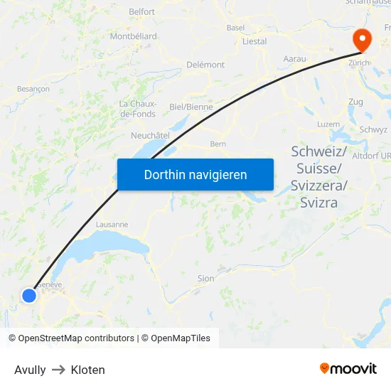 Avully to Kloten map
