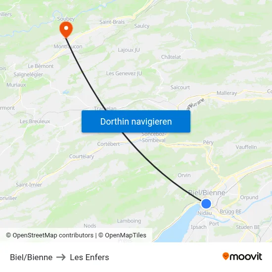 Biel/Bienne to Les Enfers map