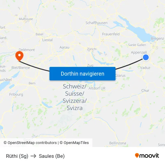 Rüthi (Sg) to Saules (Be) map