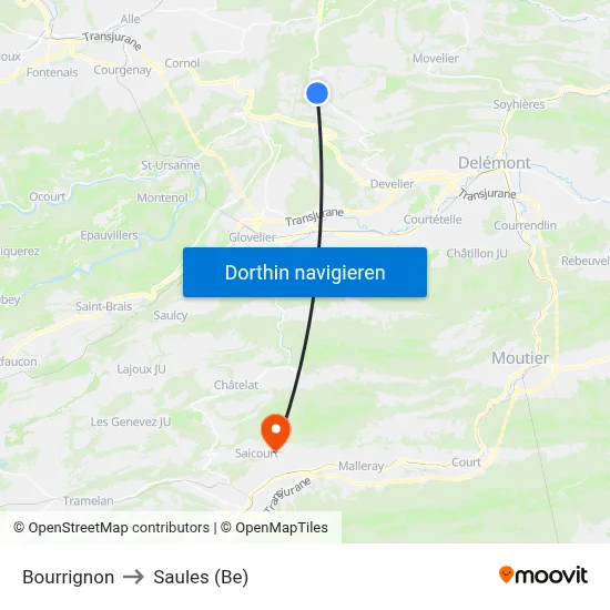 Bourrignon to Saules (Be) map