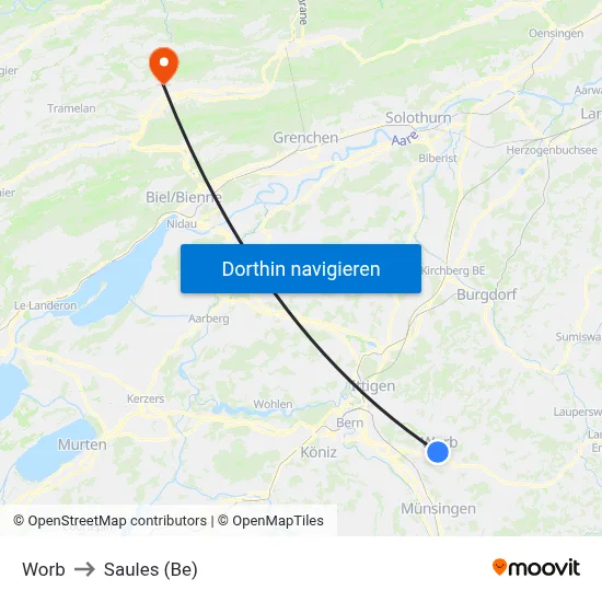 Worb to Saules (Be) map