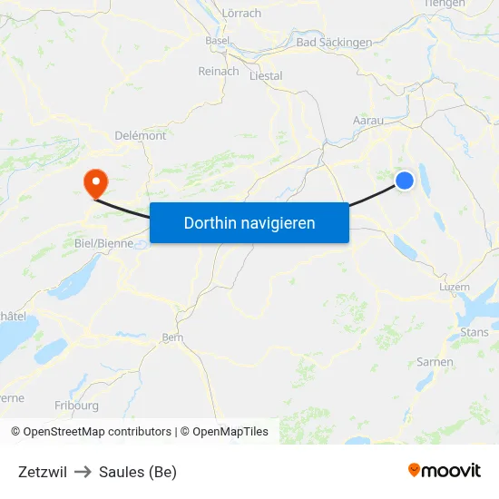 Zetzwil to Saules (Be) map